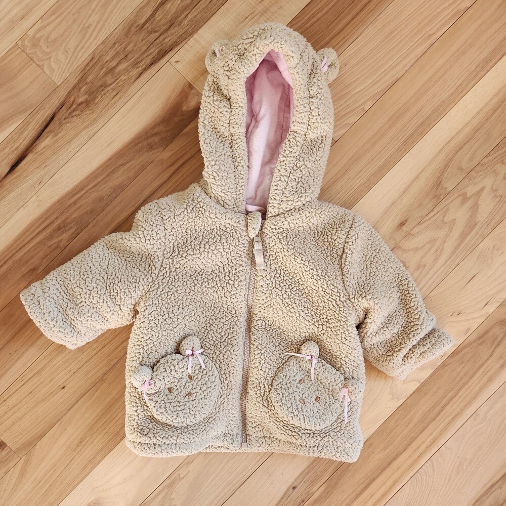 **3/$15 - Baby Girl Fleece Sherpa Teddy Bear Hooded Coat - Size 6 months